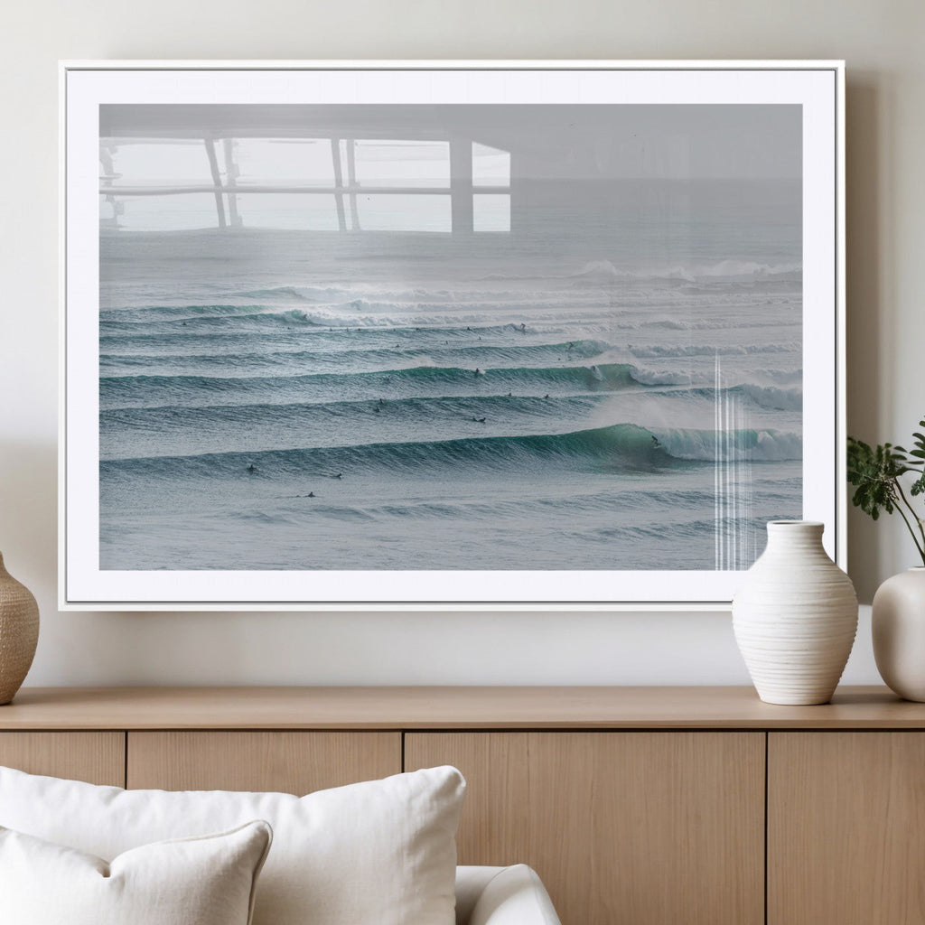 Ocean Waves Wall Art Canvas Print, Framed Surfer Lineup on a Crowded Ocean