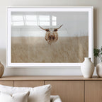 Texas Longhorn Wall Art Canvas Print, Framed Lone Cattle and Longhorn Bull Scene