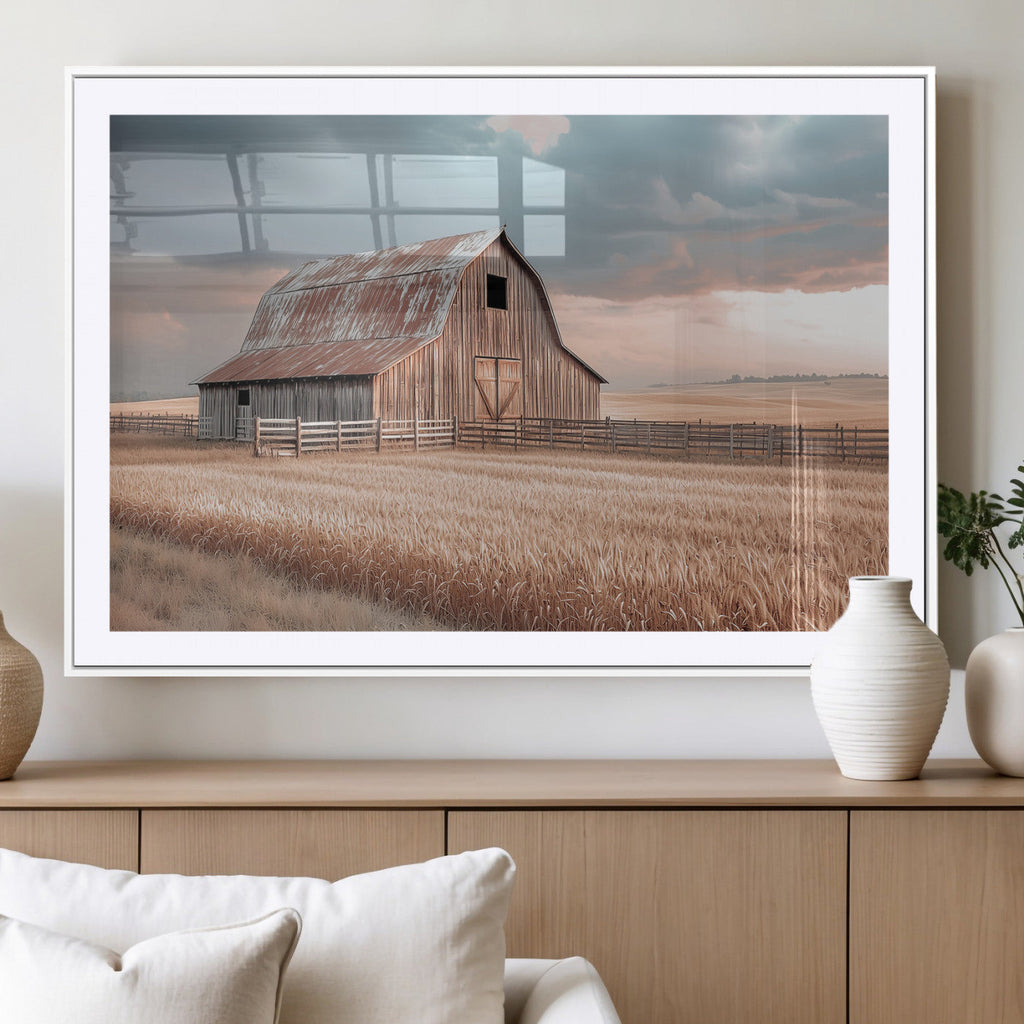 Rustic Barn Wall Art Canvas Print, Framed Wheat Field Scene