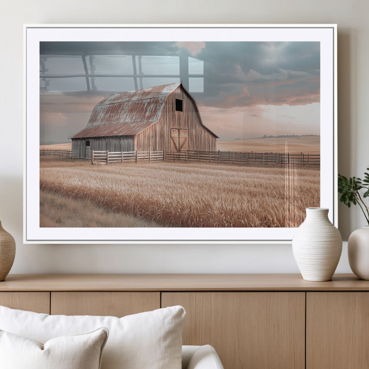 Rustic Barn Wall Art Canvas Print, Framed Wheat Field Scene