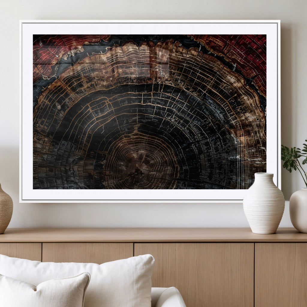 Dark Wood Ring Wall Art Canvas Print, Framed Abstract Tree Slice Print, Rustic Wood Grain Decor