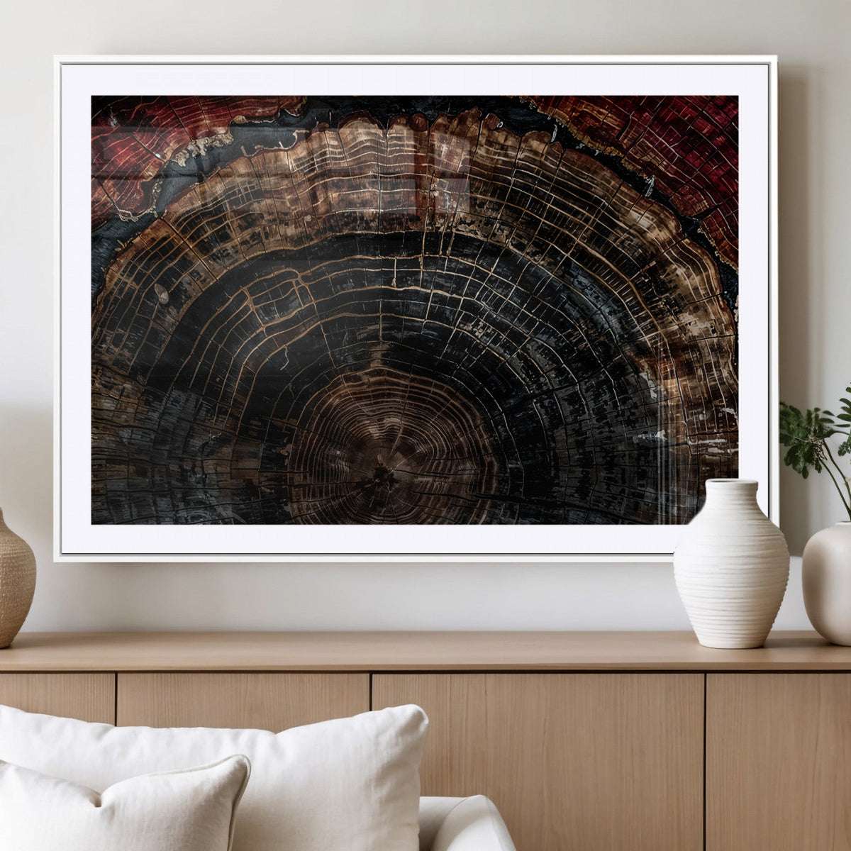 Dark Wood Ring Wall Art Canvas Print, Framed Abstract Tree Slice Print, Rustic Wood Grain Decor
