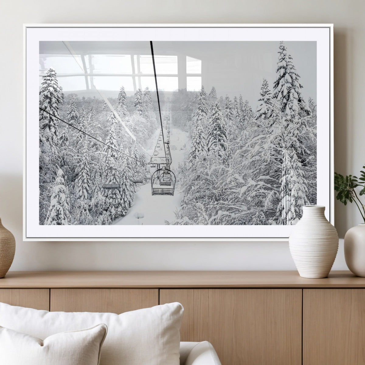 Snowy Ski Lift Wall Art | Framed Winter Mountain Canvas