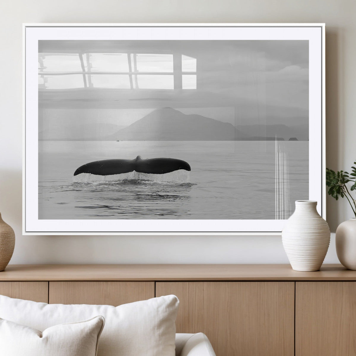 Whale Tail Wall Art | Framed Black White Ocean Canvas