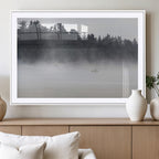 Surfer Fog Wall Art Canvas Print, Framed Foggy Beach and Coastal Surf Scene