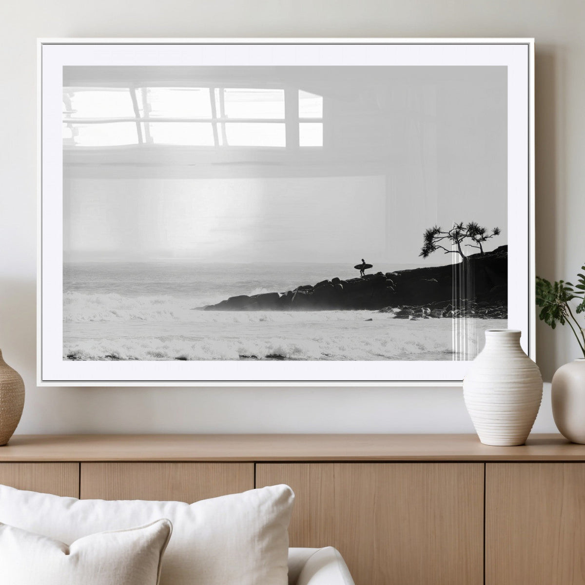 Surfer Cliffs Wall Art Canvas Print, Framed Black White Beach and Ocean Waves