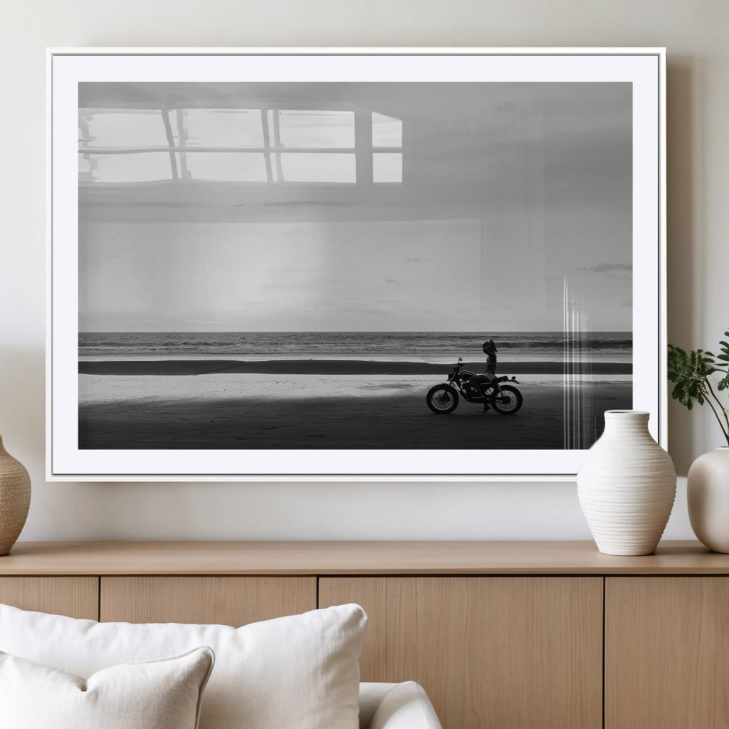 Motorcycle Beach Wall Art Canvas Print, Framed Vintage Motorcycle and Biker Silhouette