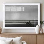Motorcycle Beach Wall Art Canvas Print, Framed Vintage Motorcycle and Biker Silhouette
