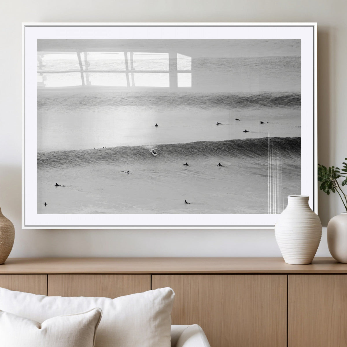 Black White Ocean Wall Art Canvas Print, Framed Coastal Sport and Ocean Swimmers Scene
