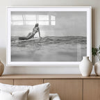 Black and White Surfing Wall Art Canvas Print, Framed Ocean Horizon Surfer Girl