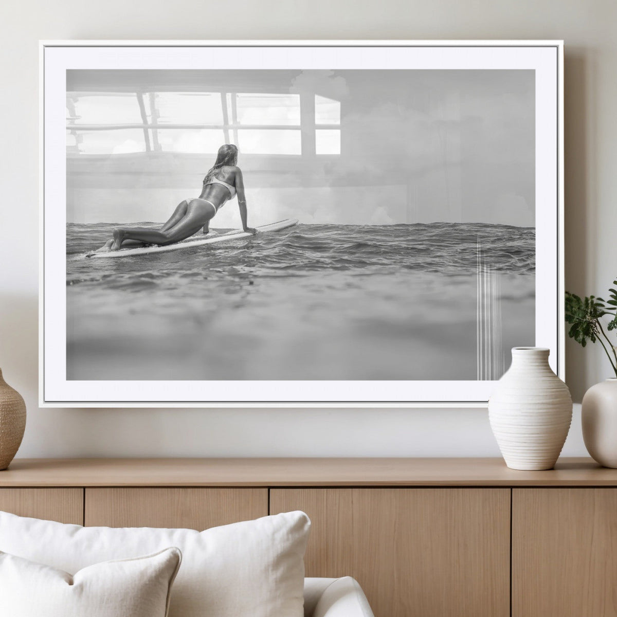 Black and White Surfing Wall Art Canvas Print, Framed Ocean Horizon Surfer Girl