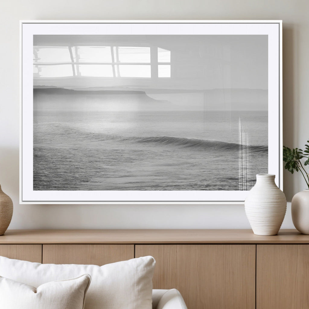 Black and White Seascape Wall Art Canvas Print, Framed Misty Ocean Waves