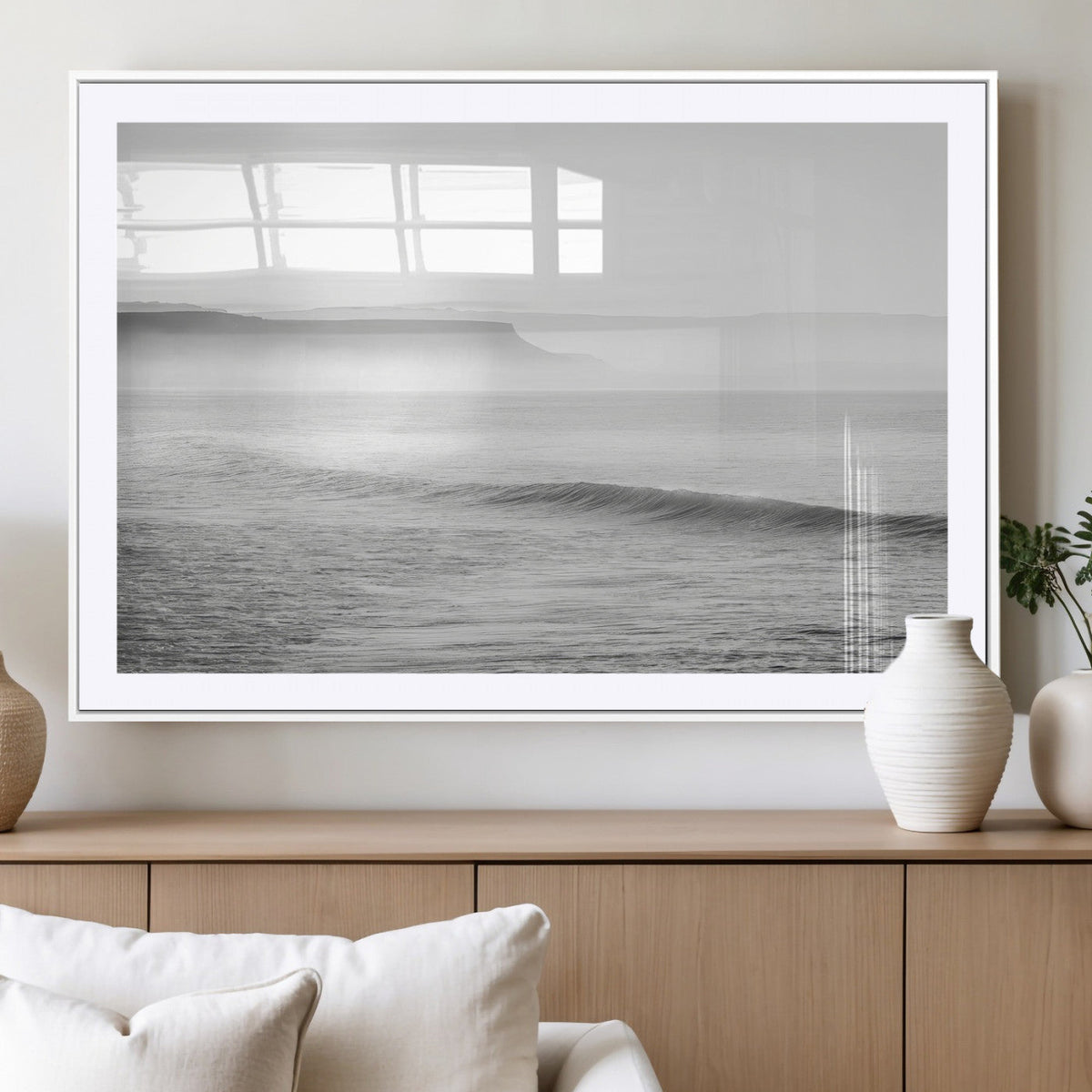 Black and White Seascape Wall Art Canvas Print, Framed Misty Ocean Waves
