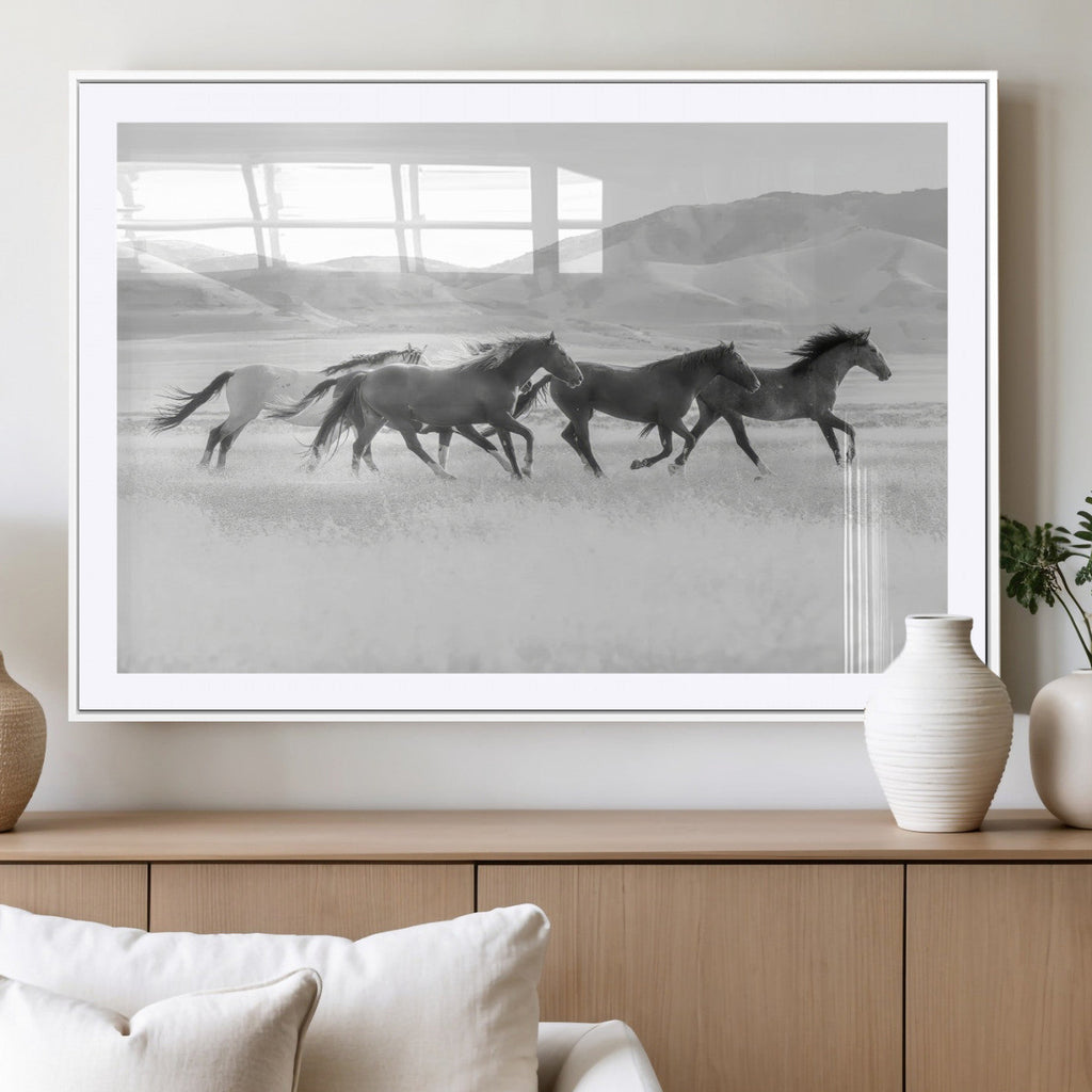 Wild Horses Running Wall Art Canvas Print, Framed Black White Mustangs Artwork