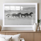 Wild Horses Running Wall Art Canvas Print, Framed Black White Mustangs Artwork