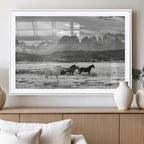 Wild Horses Wall Art | Framed Black White Mountain Canvas