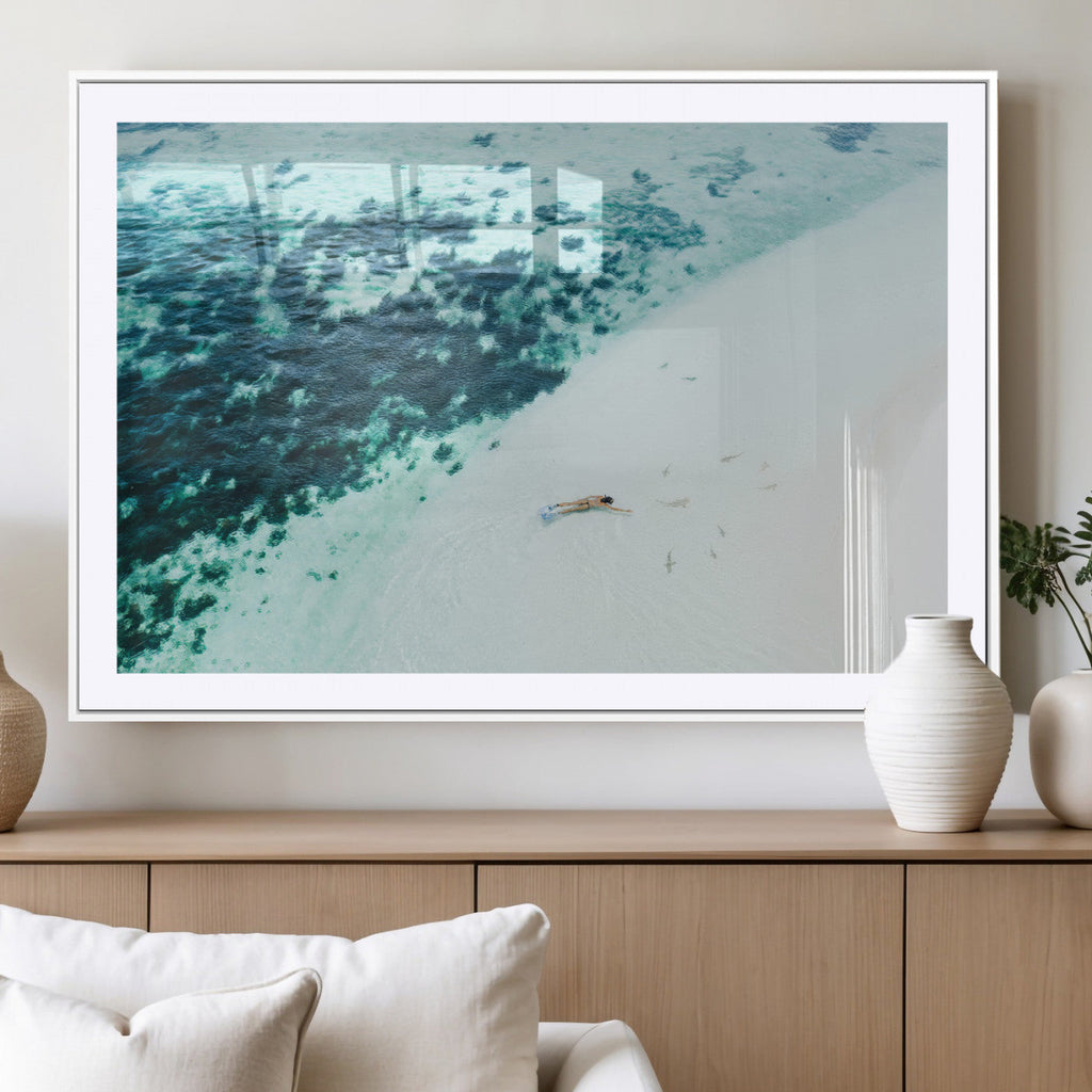 Minimal Beach Wall Art | Framed Ocean Swimming Canvas