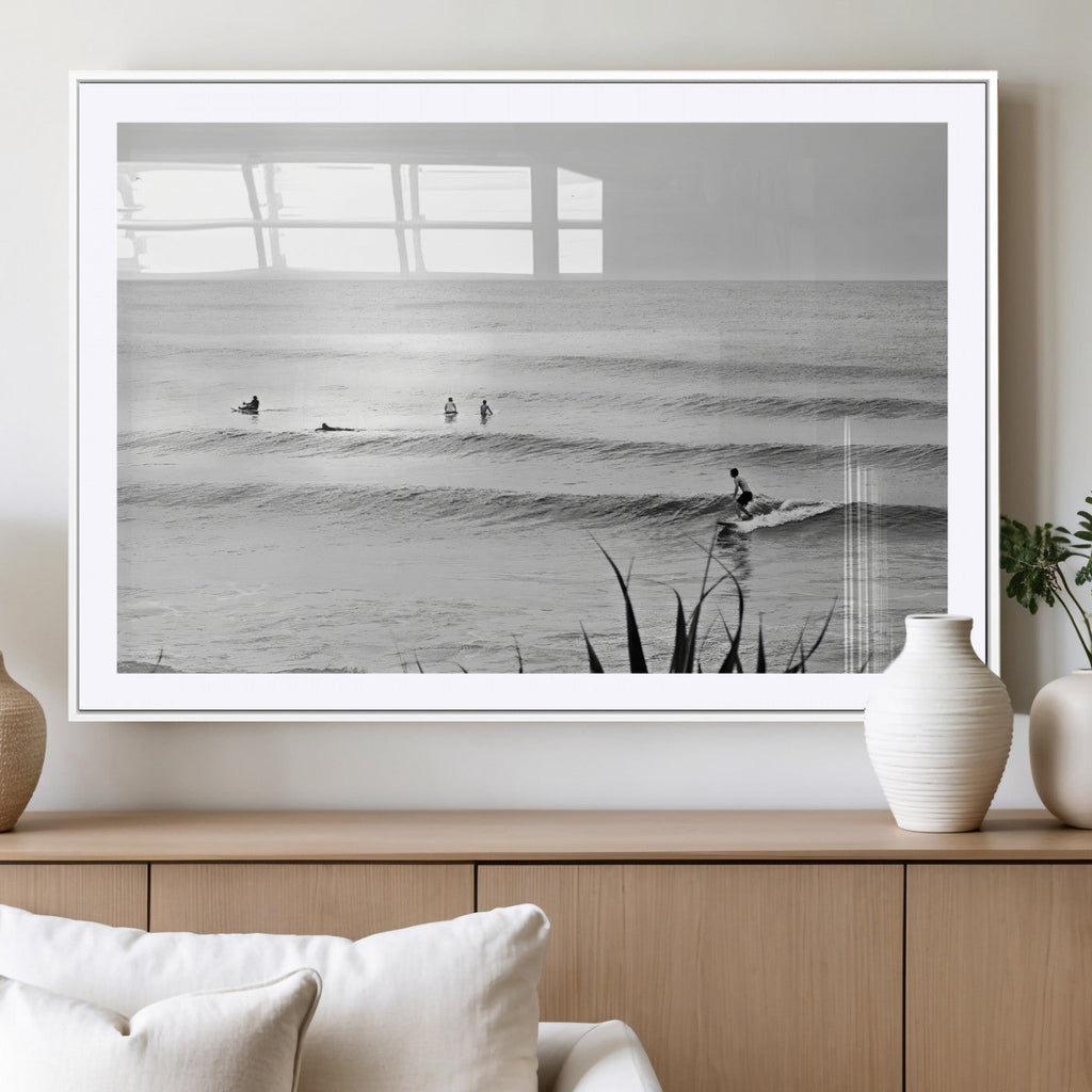 Surfer Silhouette Wall Art | Framed Calm Ocean Canvas