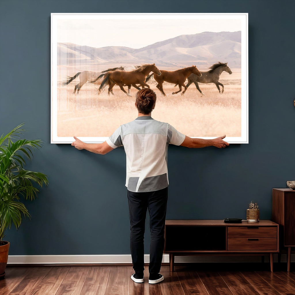 Wild Horse Wall Art Canvas Print, Framed Rustic Western Art, Desert Horse Scene