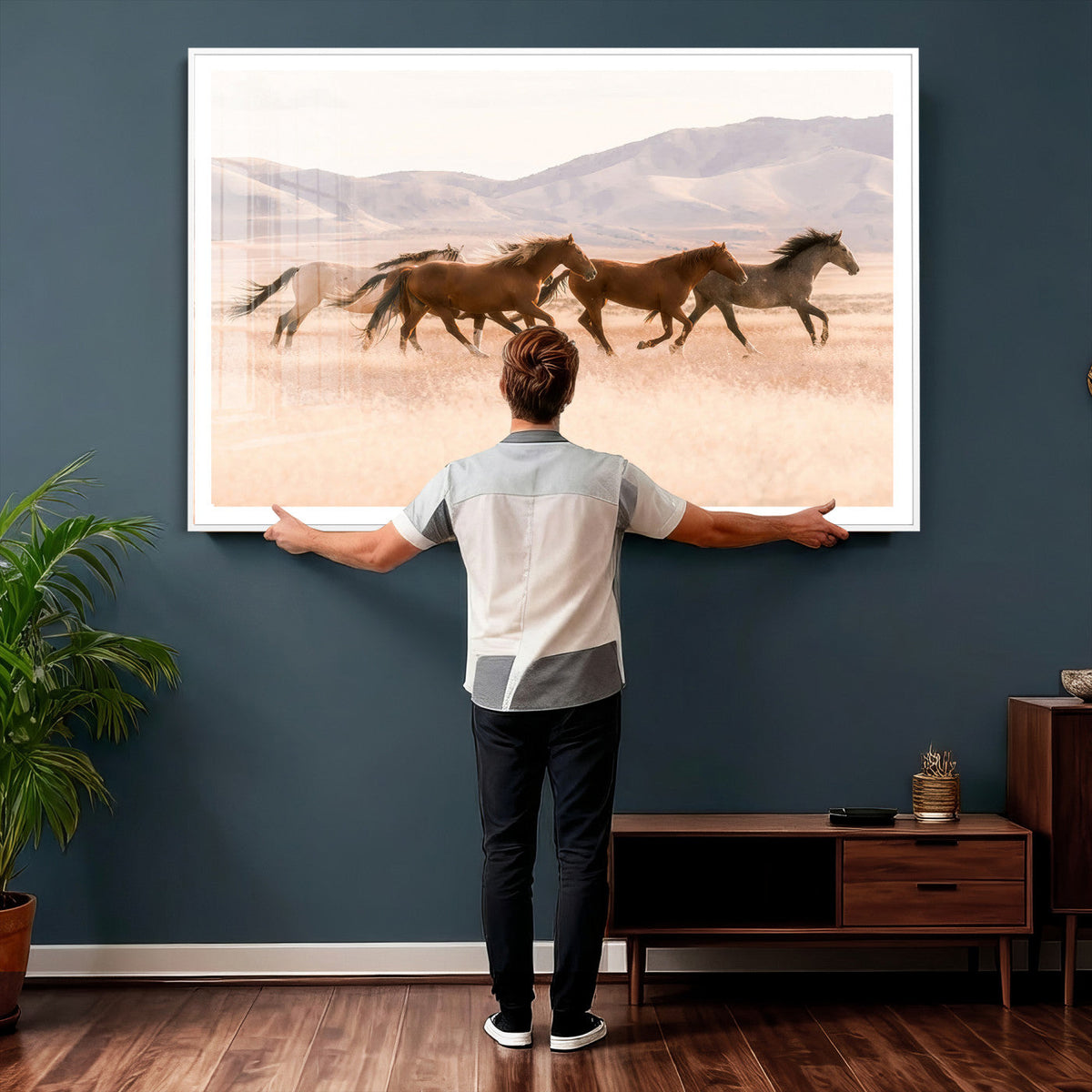 Wild Horse Wall Art Canvas Print, Framed Rustic Western Art, Desert Horse Scene