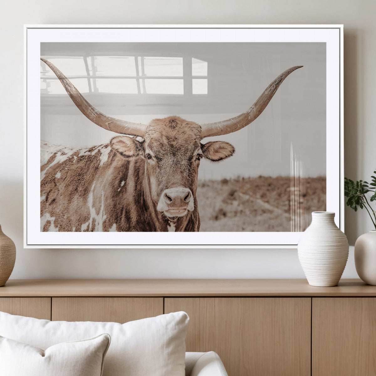 Longhorn Cow Wall Art Canvas Print, Framed Texas Ranch Print, Western Bull Art, Cowboy Decor