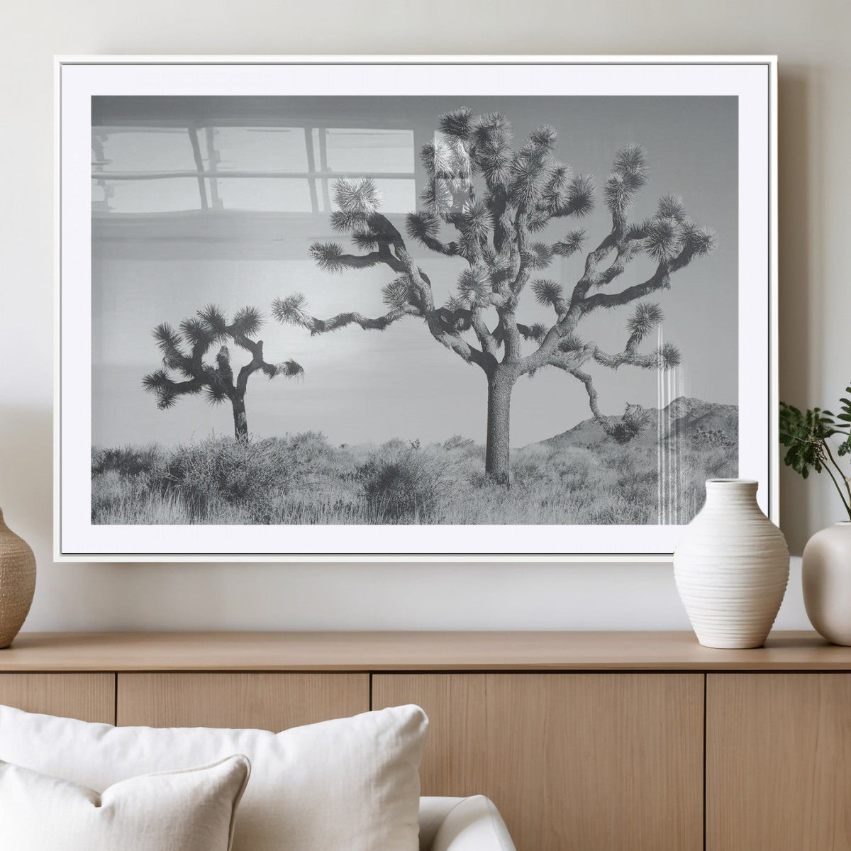 Joshua Tree Wall Art Canvas Print, Framed Black and White Desert Landscape Artwork