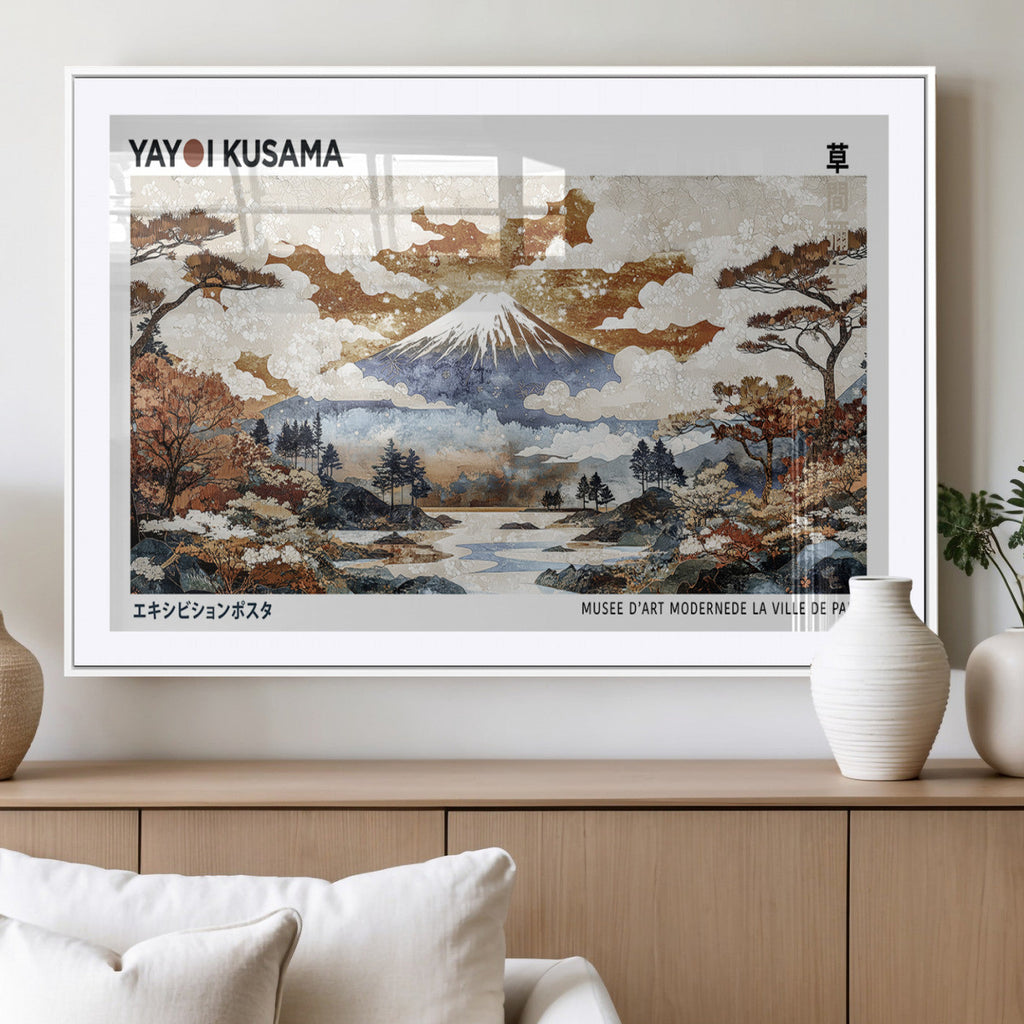 Modern Japanese Wall Art Canvas Print, Framed Abstract Mount Fuji Landscape, Yayoi Kusama Canvas Wall Art