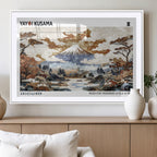 Modern Japanese Wall Art Canvas Print, Framed Abstract Mount Fuji Landscape, Yayoi Kusama Canvas Wall Art
