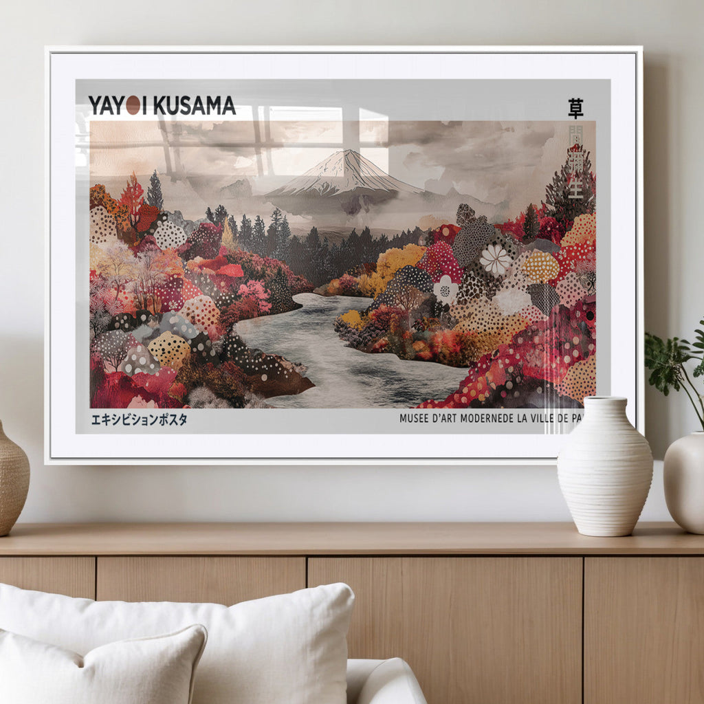 Modern Japanese Wall Art Canvas Print, Framed Abstract Mount Fuji Art, Yayoi Kusama Japanese Landscape