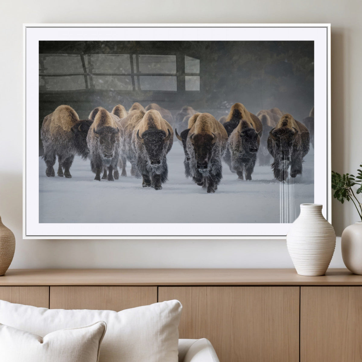 Bison Herd Wall Art Canvas Print, Framed Rustic Wildlife Decor, Snowy Bison Landscape