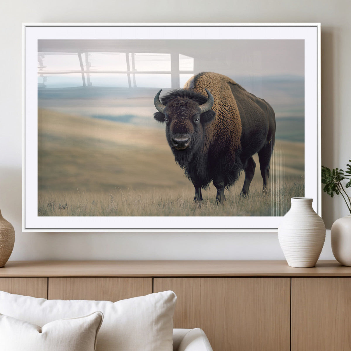 Bison Wall Art Canvas Print, Framed American Buffalo Rustic Western Artwork