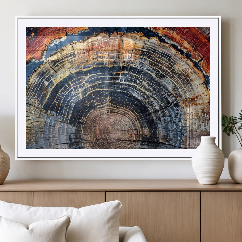 Tree Rings Wall Art Canvas Print, Framed Petrified Wood Art, Modern Rustic Decor