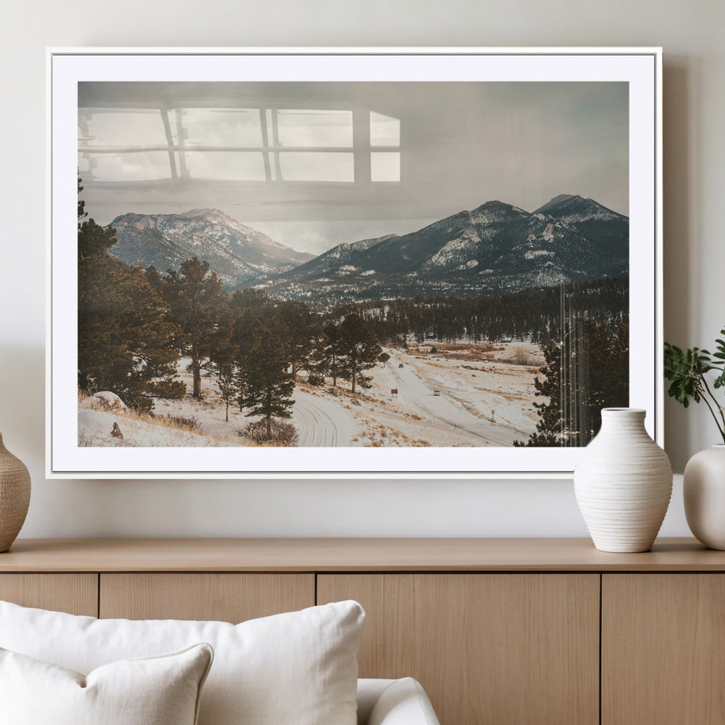 Mountain Landscape Wall Art Canvas Print, Framed Snowy Peaks Alpine Winter