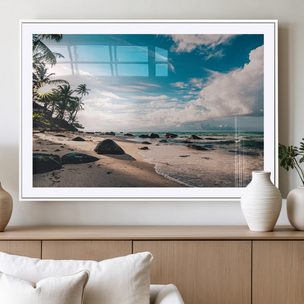 Tropical Beach Wall Art Canvas Print, Framed Ocean Waves Relaxing Seascape