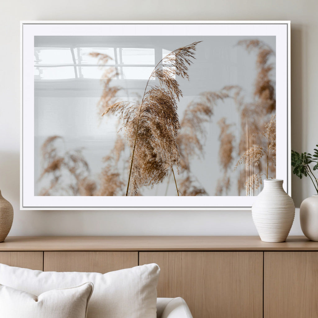 Pampas Grass Wall Art Canvas Print, Framed Neutral Tones Minimalist Boho