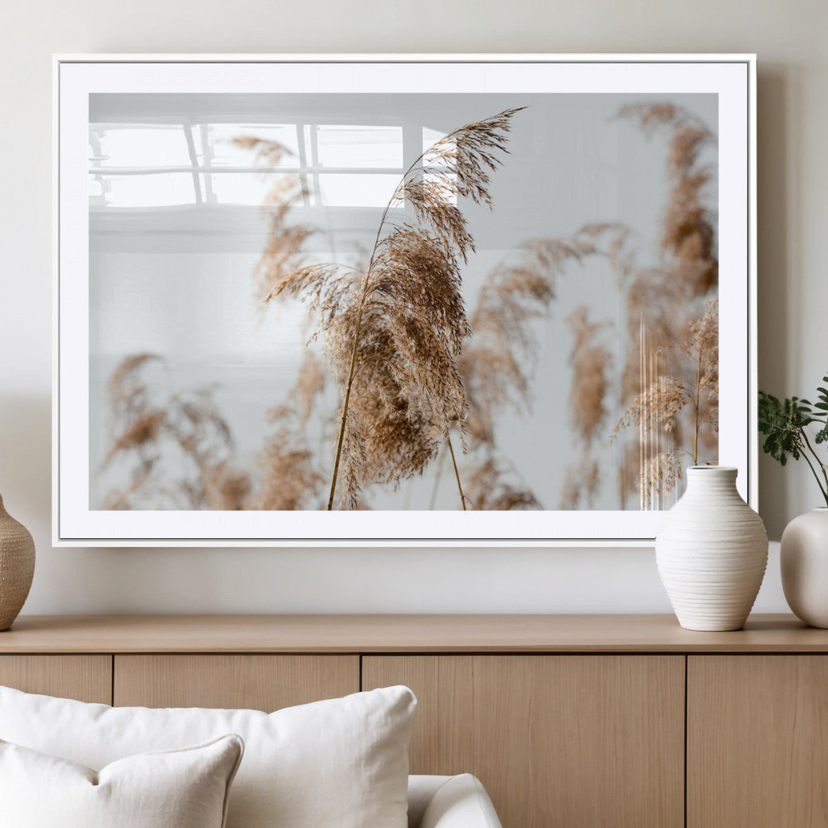 Pampas Grass Wall Art Canvas Print, Framed Neutral Tones Minimalist Boho