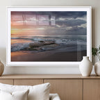 Golden Hour Wall Art Canvas Print, Framed Tranquil Waves Beach Sunset