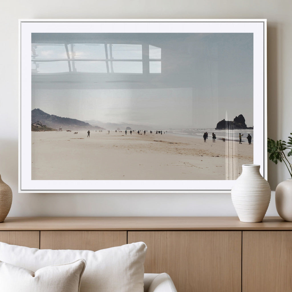 Minimalist Beach Wall Art Canvas Print, Framed Coastal Serenity Soft Sand