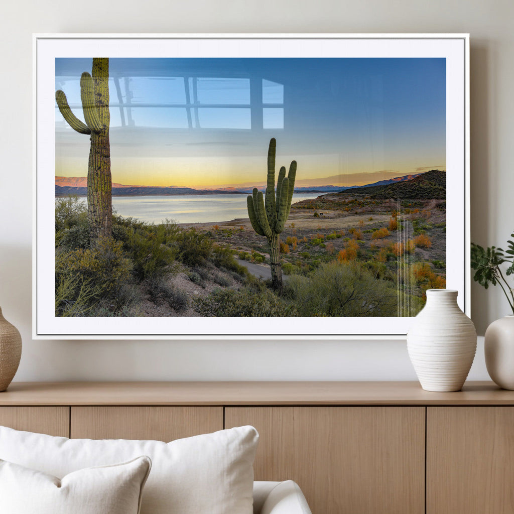 Saguaro Cactus Wall Art Canvas Print, Framed Desert Sunset Southwestern