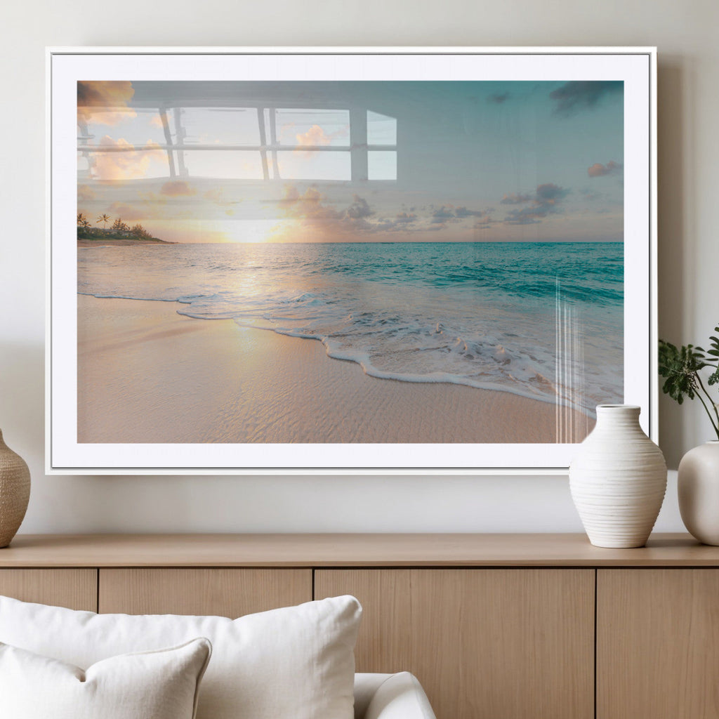 Beach Sunset Wall Art Canvas Print, Framed Ocean Waves Summer Escape