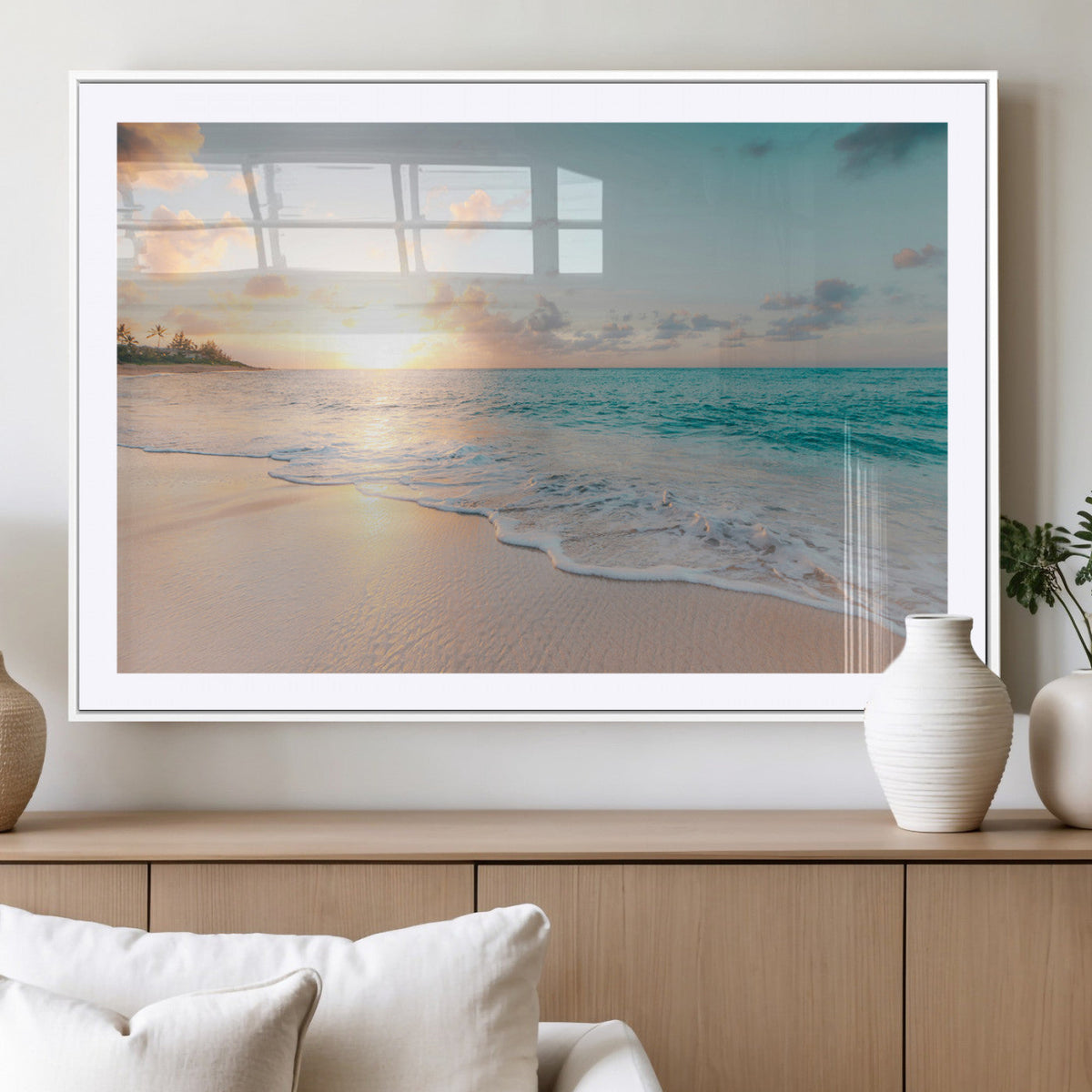 Beach Sunset Wall Art Canvas Print, Framed Ocean Waves Summer Escape