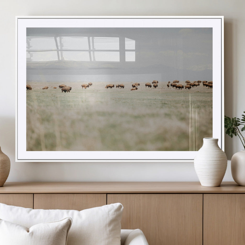 Bison Herd Wall Art Canvas Print, Framed Western Ranch Nature Scene