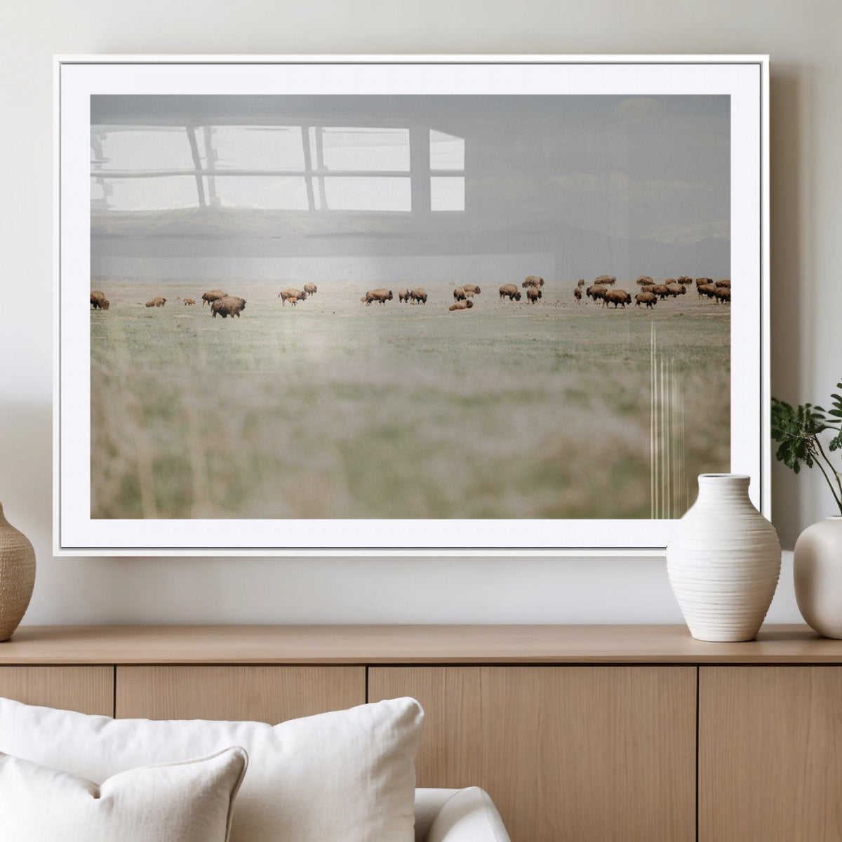 Bison Herd Wall Art Canvas Print, Framed Western Ranch Nature Scene