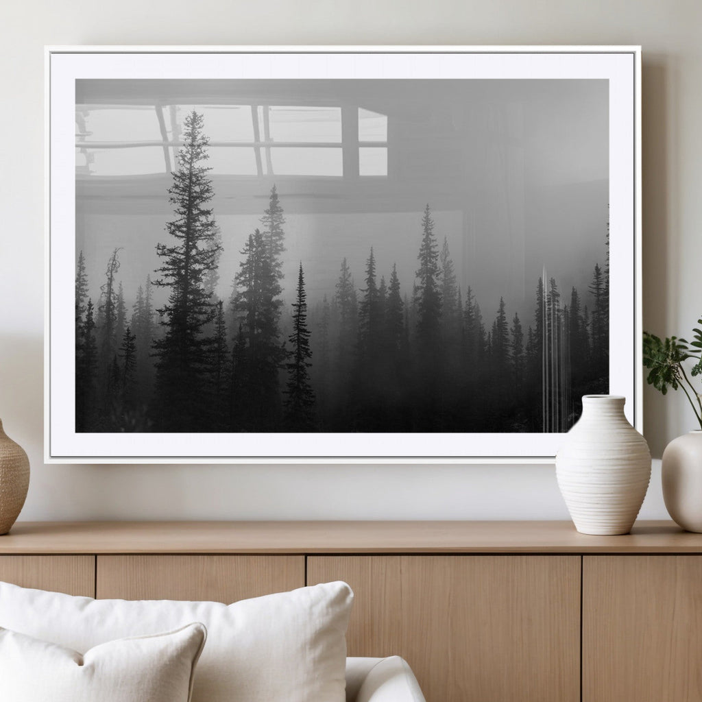 Misty Pines Wall Art Canvas Print, Framed Woodland Minimalist Black and White