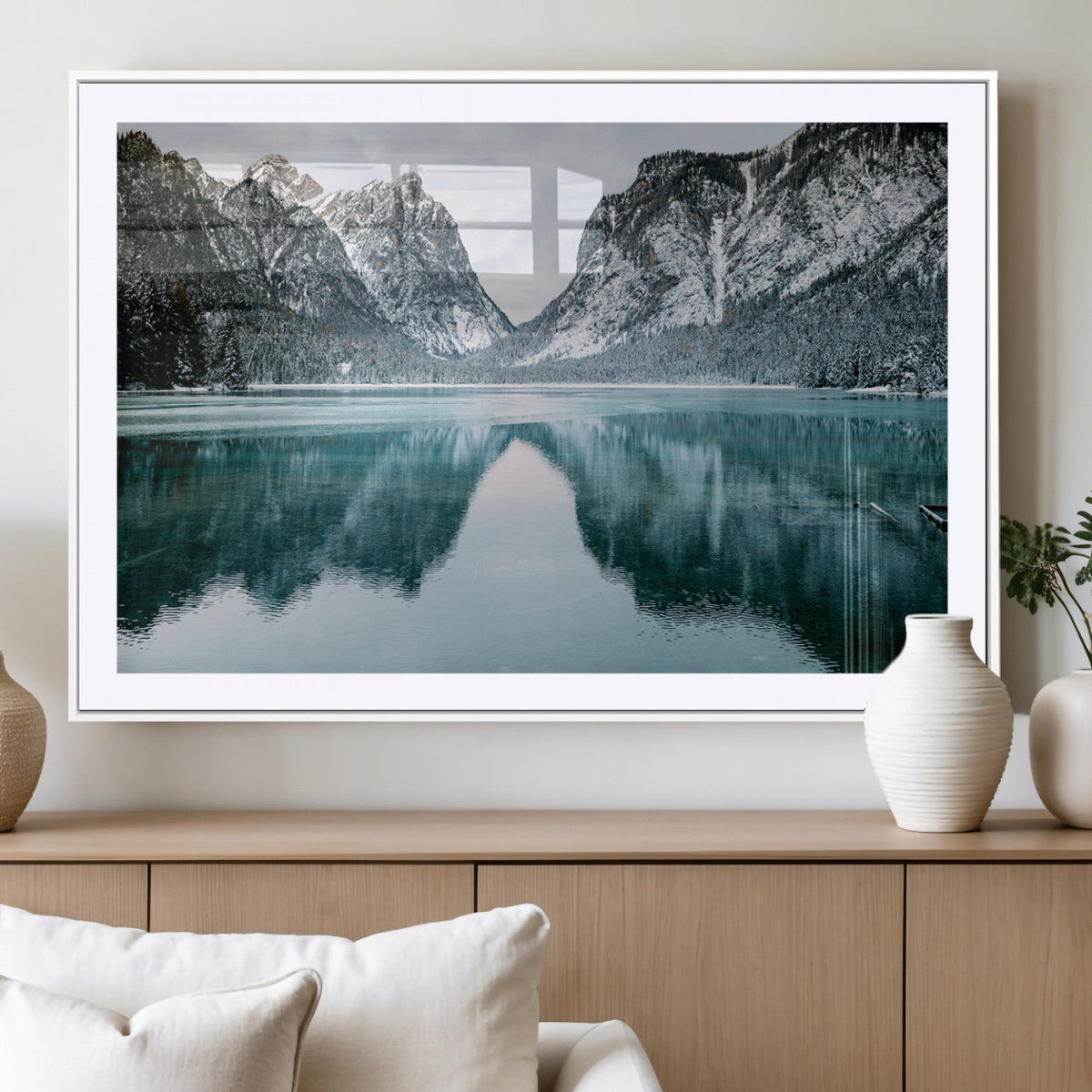 Mountain Lake Wall Art Canvas Print, Framed Toblacher See Winter Wonderland