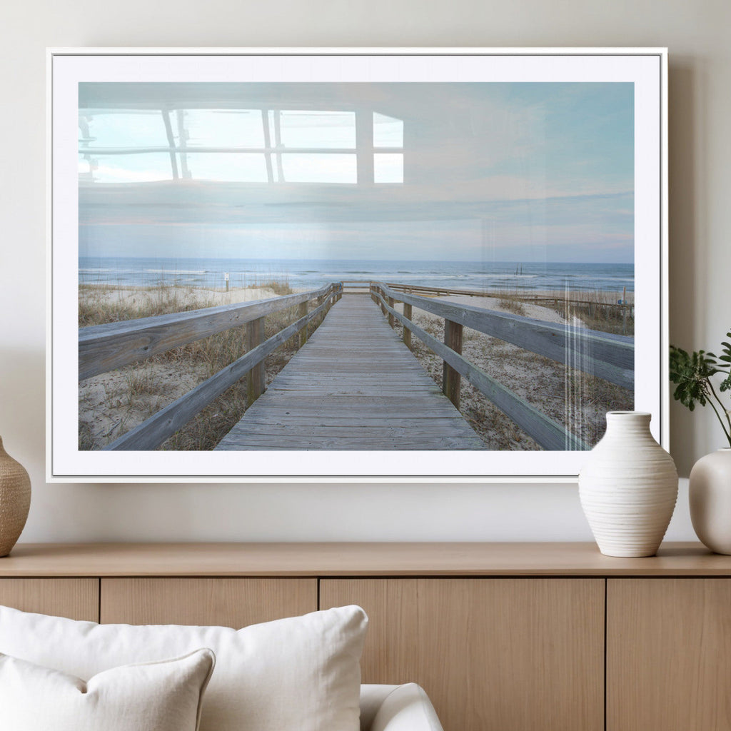 Beach Boardwalk Wall Art Canvas Print, Framed Coastal Serenity Ocean View