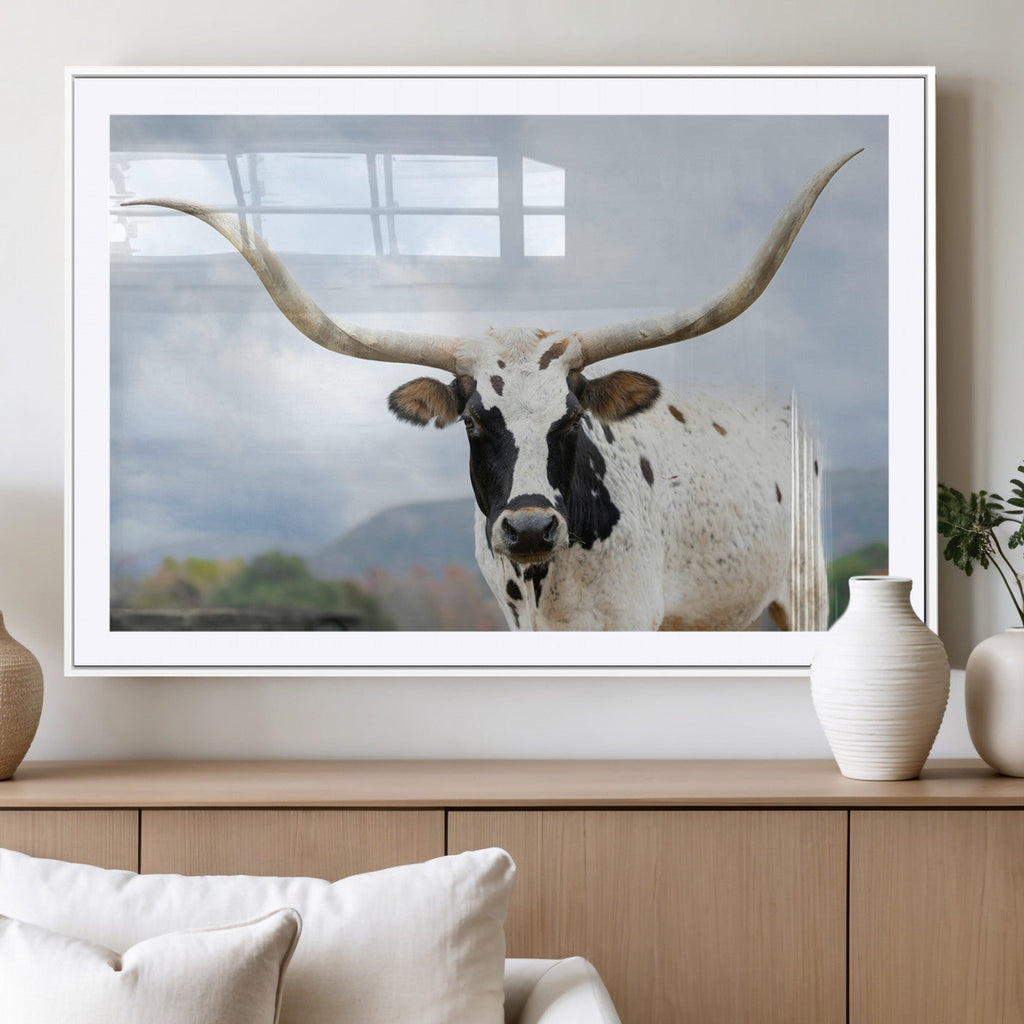 Texas Longhorn Wall Art Canvas Print, Framed Western Rustic Farmhouse