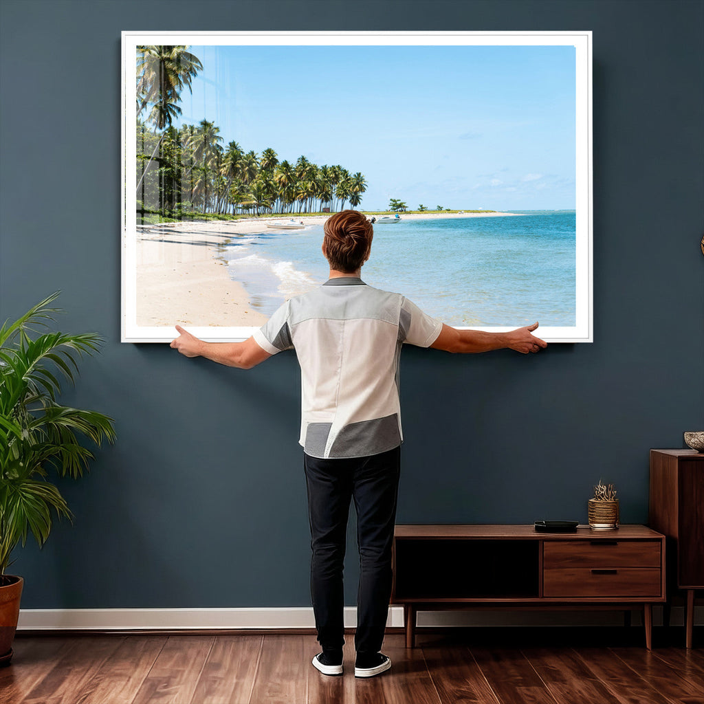 Palm Tree Coast Wall Art Canvas Print, Framed Island Getaway with Crystal Blue Water