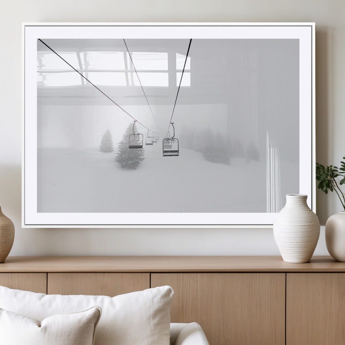 Ski Lift Wall Art Canvas Print, Framed Snowy Landscape Art, Alpine Adventure Nordic Minimalist Decor