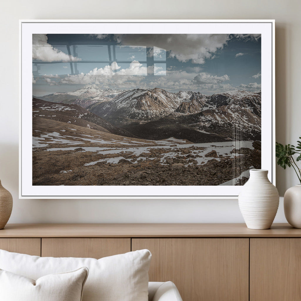 Mountain Landscape Wall Art Canvas Print, Framed Snowy Peaks Art, Rugged Highlands Rustic Adventure Decor